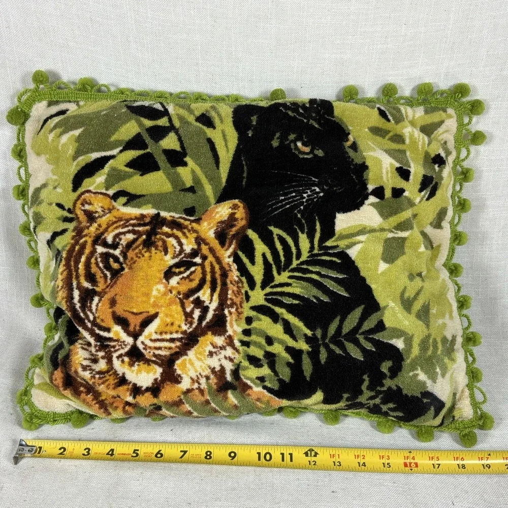 VTG 70s 80s Tiger Panther Throw Pillow Pom Pom Fringe Jungle Soft Handmade EUC